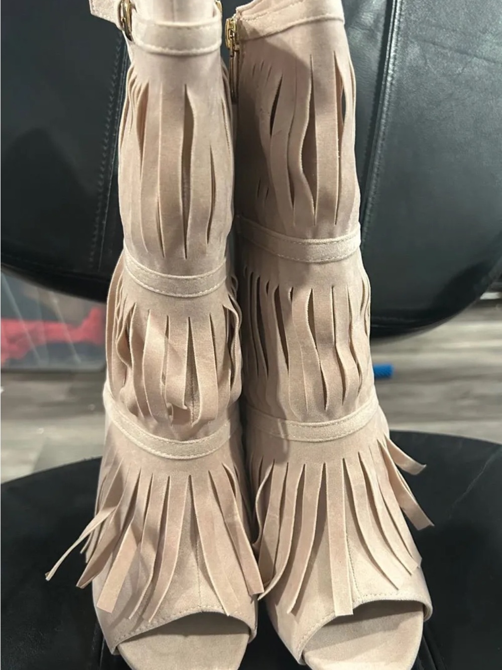 Fringed Peep-Toe Ankle Boots - Beige